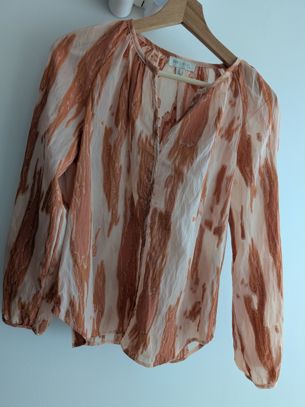 Lightweight Rust and Cream Printed V-Neck Blouse